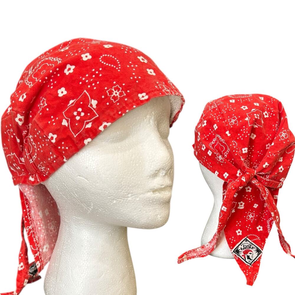 Vintage Do Wrap Red Bandana Print Head Wrap – 90s Biker Do-Rag Skull Cap -